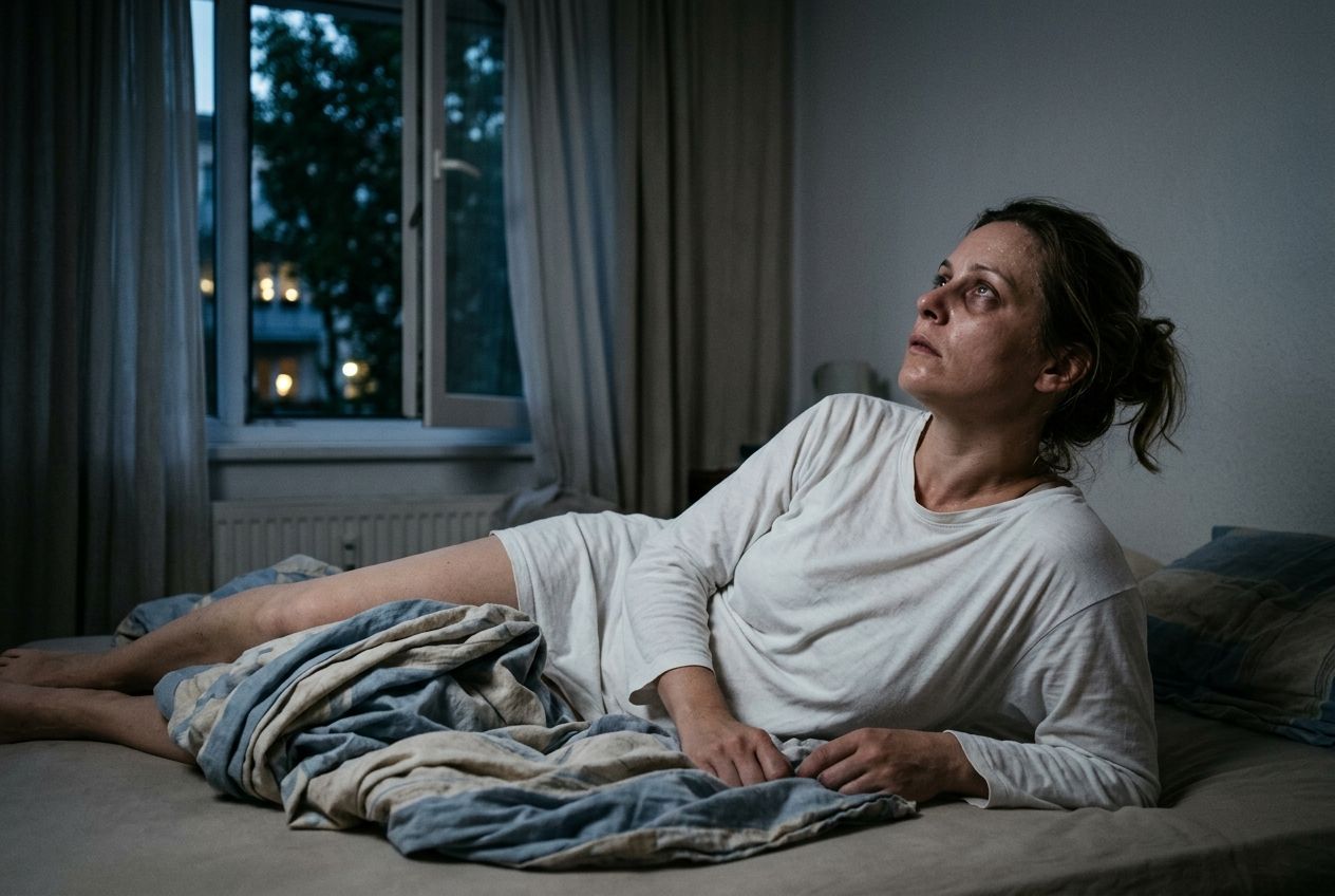 Mujer despierta por la noche en la cama que no puede dormir por el calor